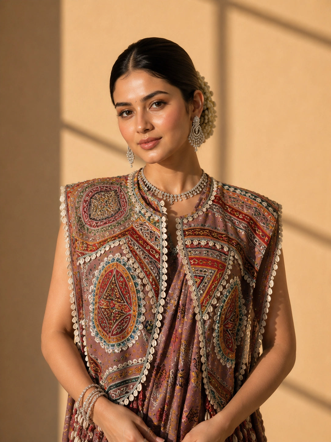 Woman in elegant brown S3 printed saree with intricately embroidered sleeveless jacket.