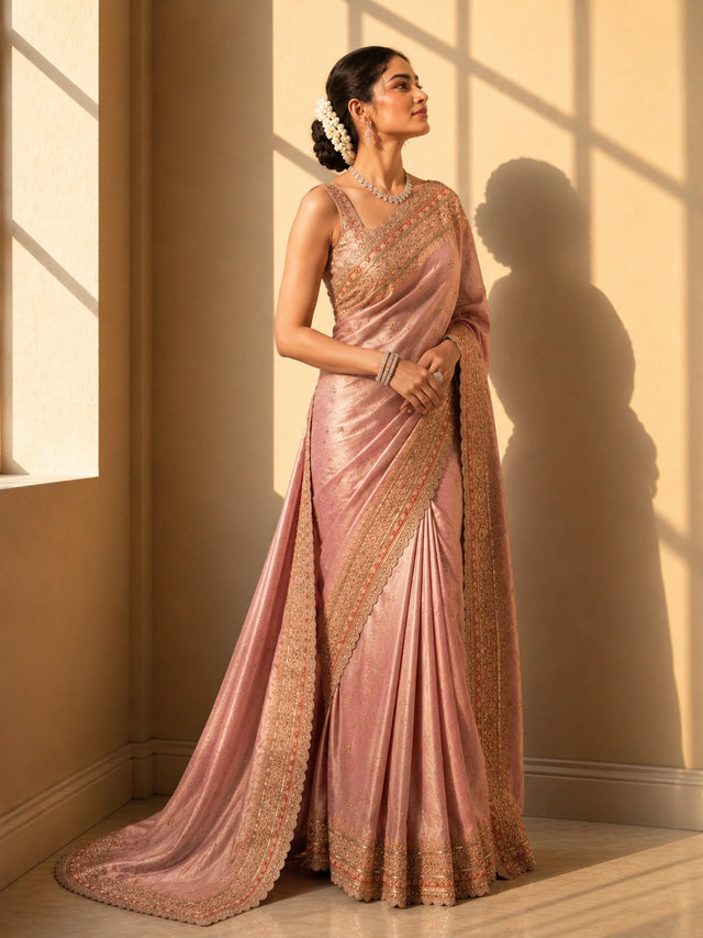 Woman elegantly draped in a shimmering onion pink saree with intricate gold embroidery.