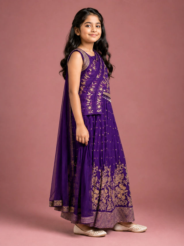 Young girl wearing a vibrant purple lehenga choli with intricate gold embroidery.