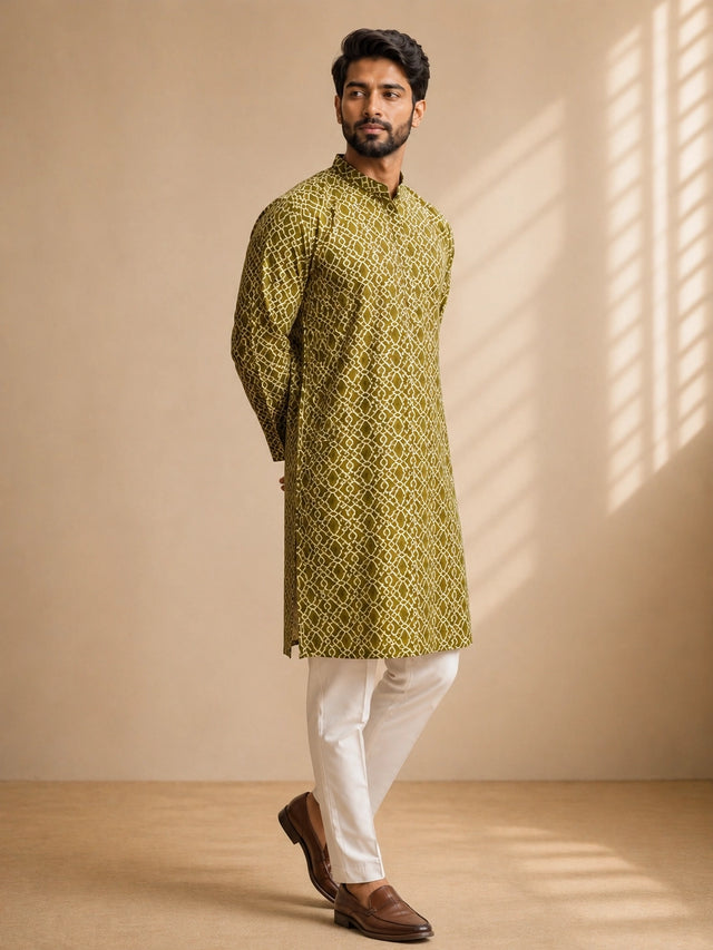 Man in a green patterned kurta with a band collar and white pajama.