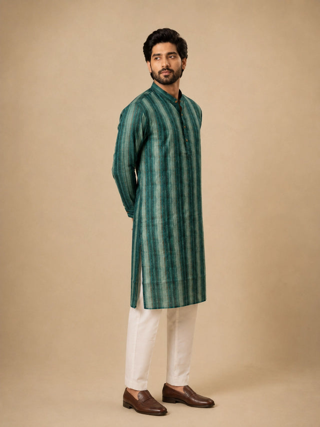 Man wearing a C.Teal striped kurta with white pajama and brown loafers.