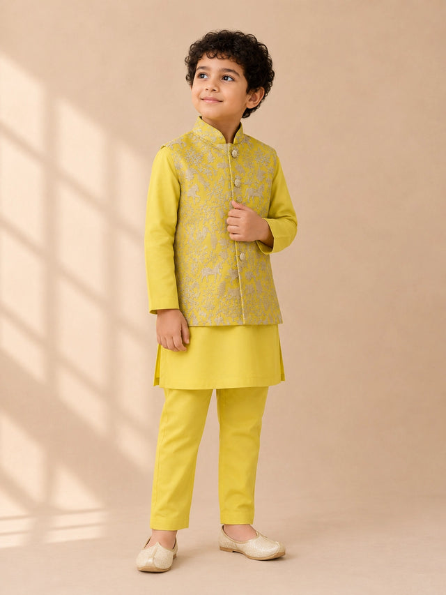 Young boy wearing a bright yellow kurta pajama set with an embroidered waistcoat.