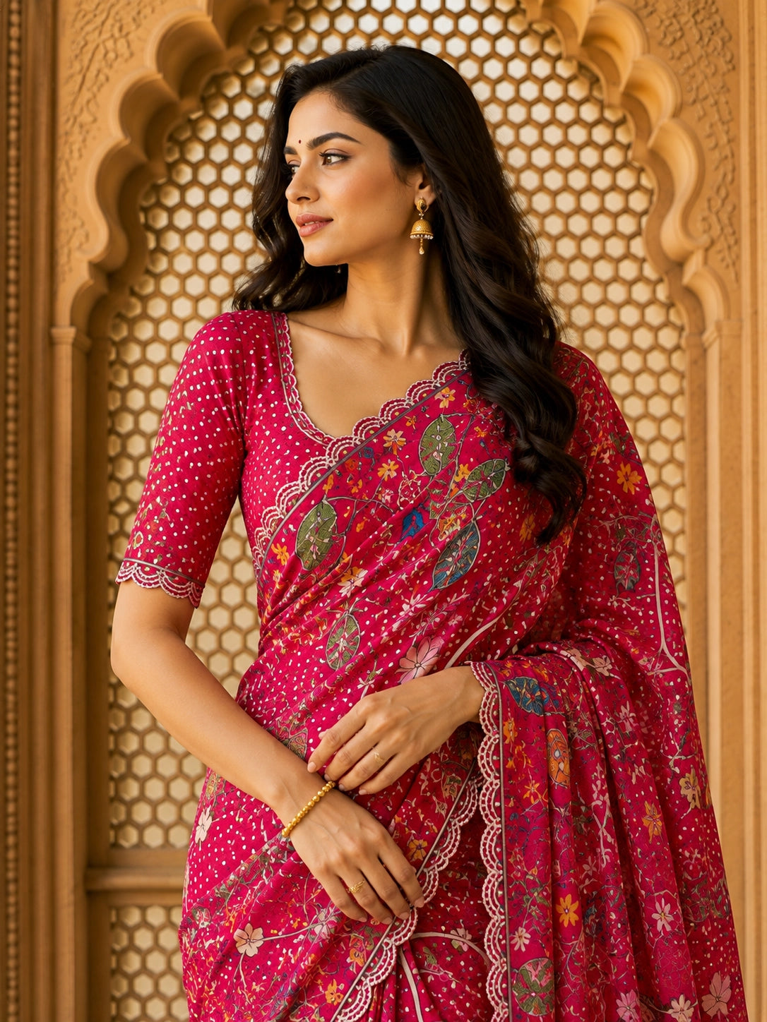 Woman in a vibrant rani pink floral saree with intricate patterns and scalloped border.