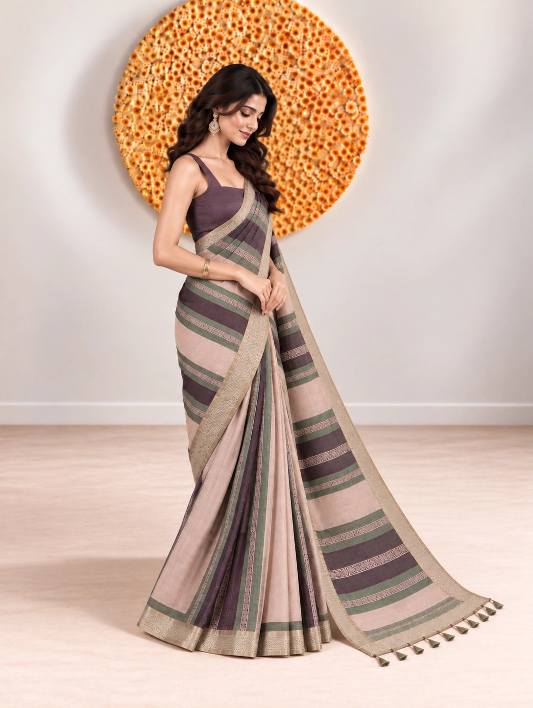 Woman in an elegant blue and pink striped saree with a detailed border.