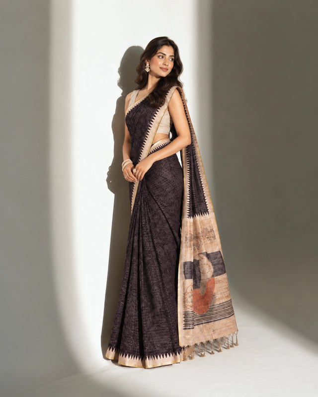 A woman in an elegant charcoal printed saree with an art-inspired beige pallu.
