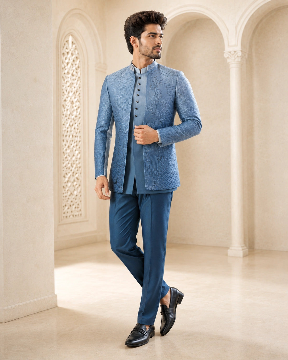 A woman wearing an elegant teal Indowestern outfit, showcasing intricate details and a flattering silhouette.