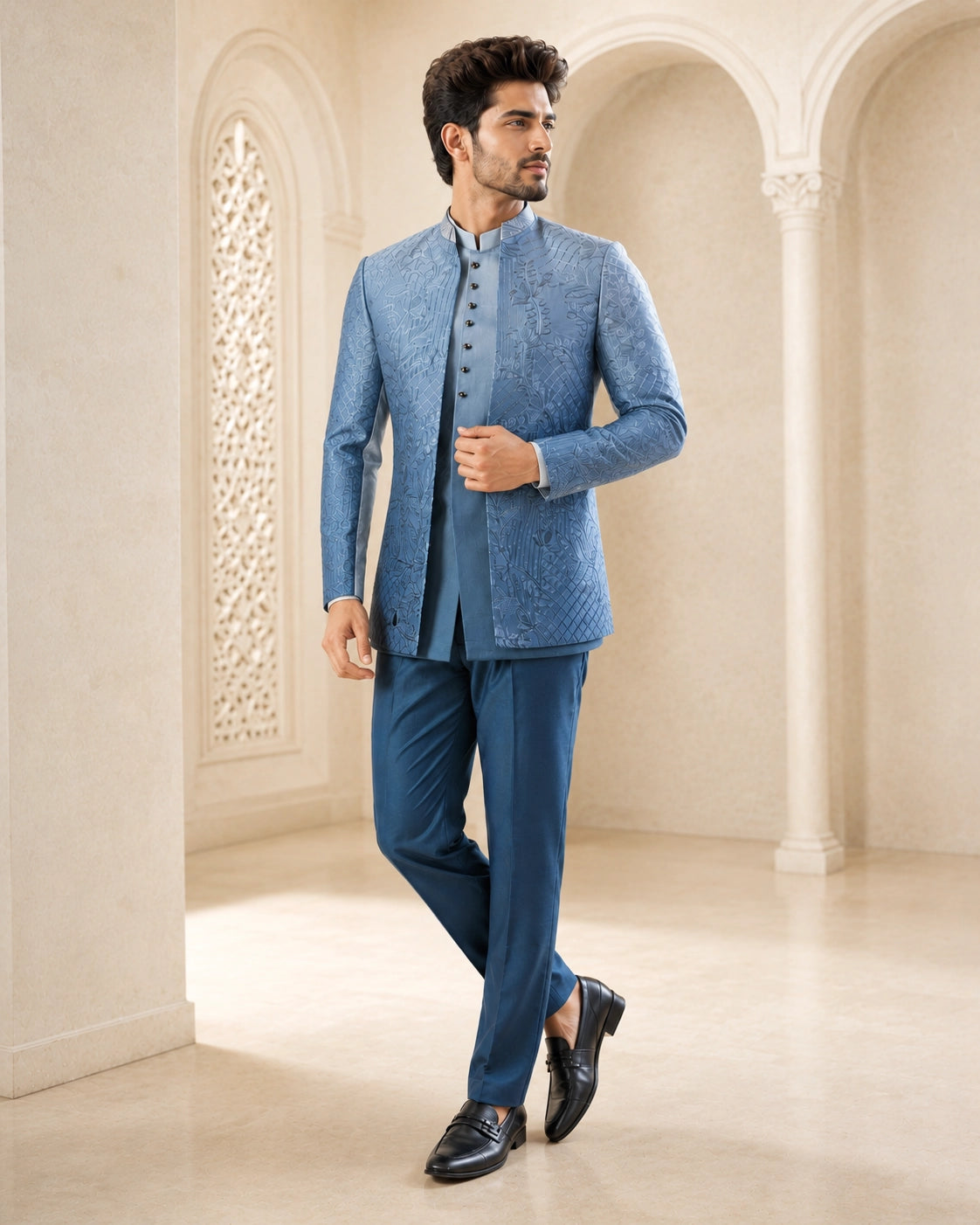 A woman wearing an elegant teal Indowestern outfit, showcasing intricate details and a flattering silhouette.