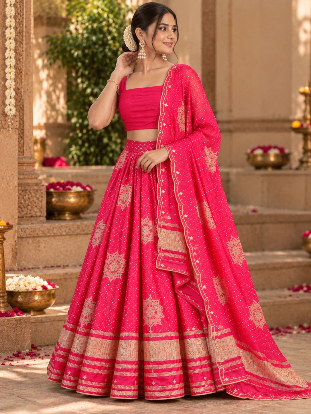 Woman wearing a vibrant RANI pink lehenga choli with gold patterns and a matching dupatta.
