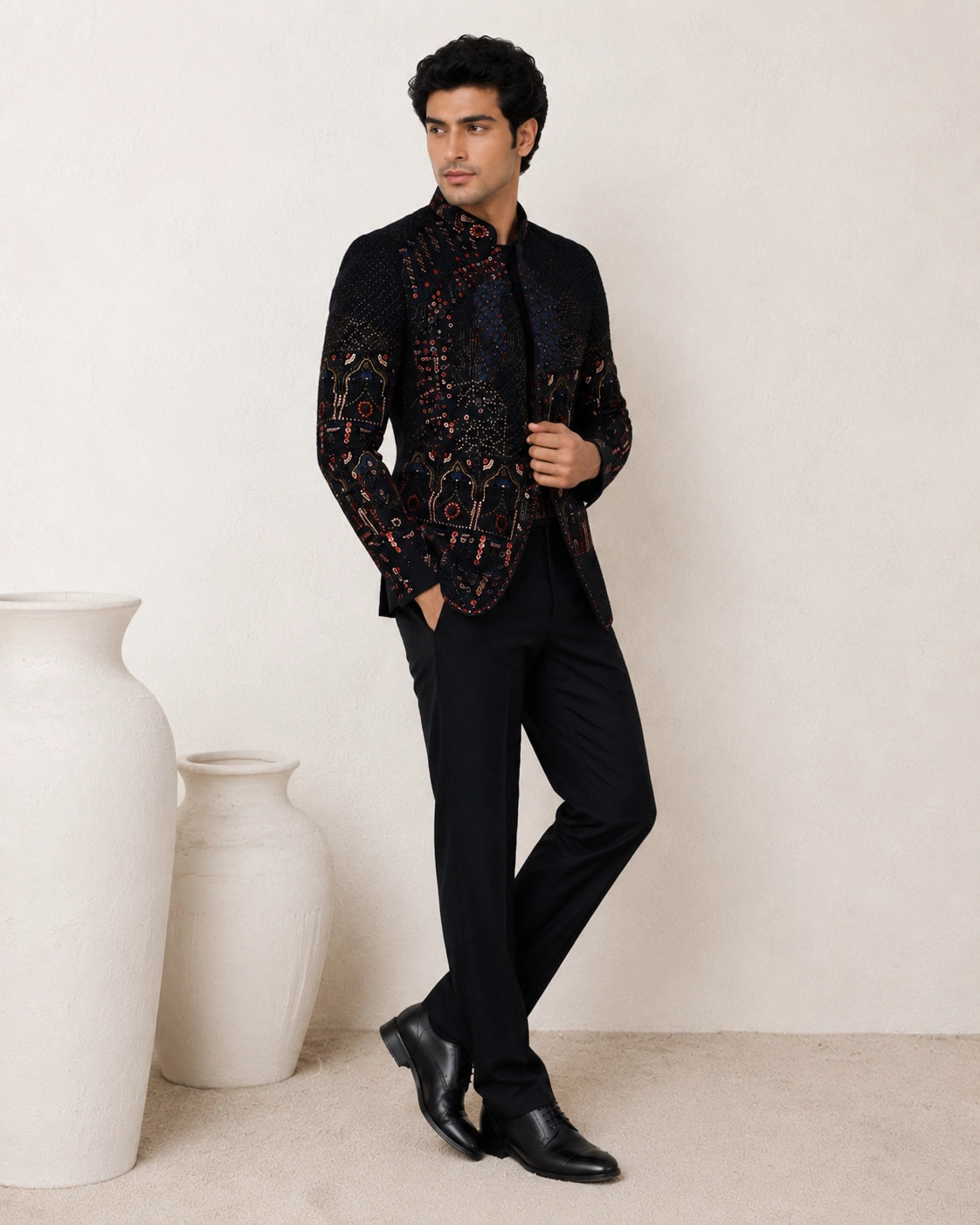 Man wearing an elegant navy blue Jodhpuri suit, a traditional Indian formal outfit.