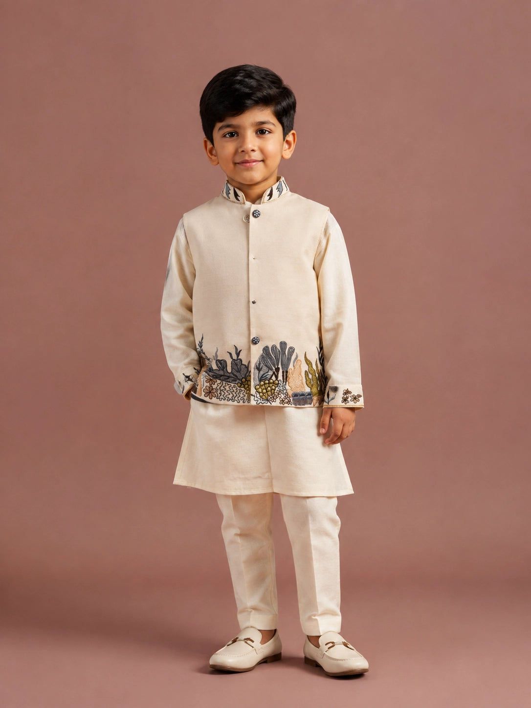 Young boy in a cream embroidered kurta and jacket set, sitting elegantly.
