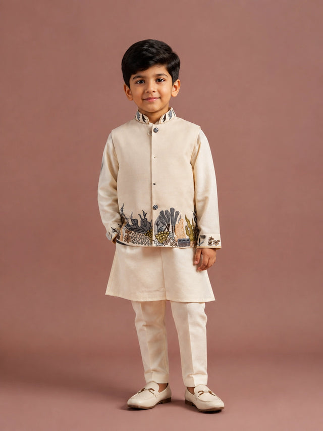 Young boy in a cream embroidered kurta and jacket set, sitting elegantly.