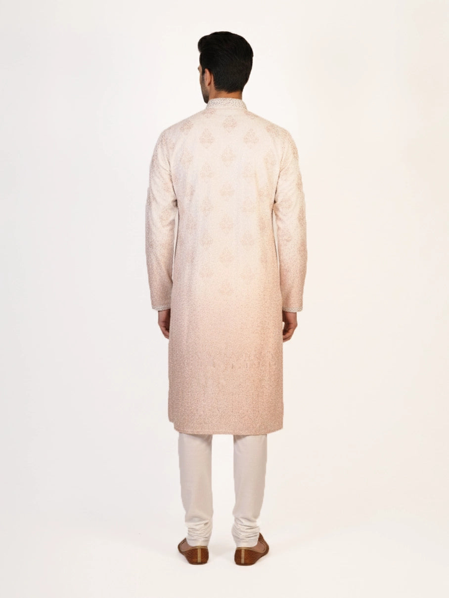 Man wearing a multi-color embroidered kurta and white pants, traditional Indian ethnic wear.