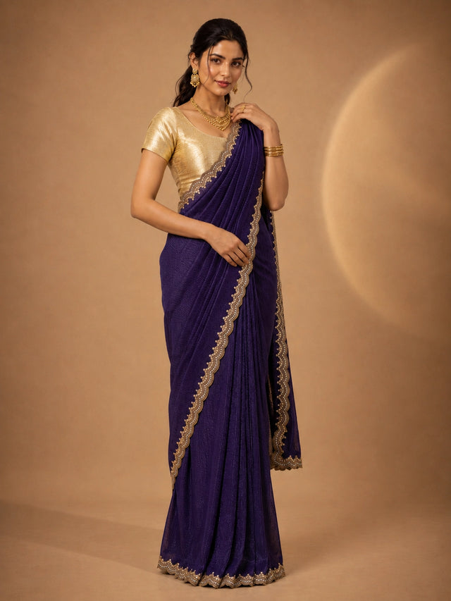Woman wearing a vibrant purple pleated saree with an embellished border and a golden blouse.