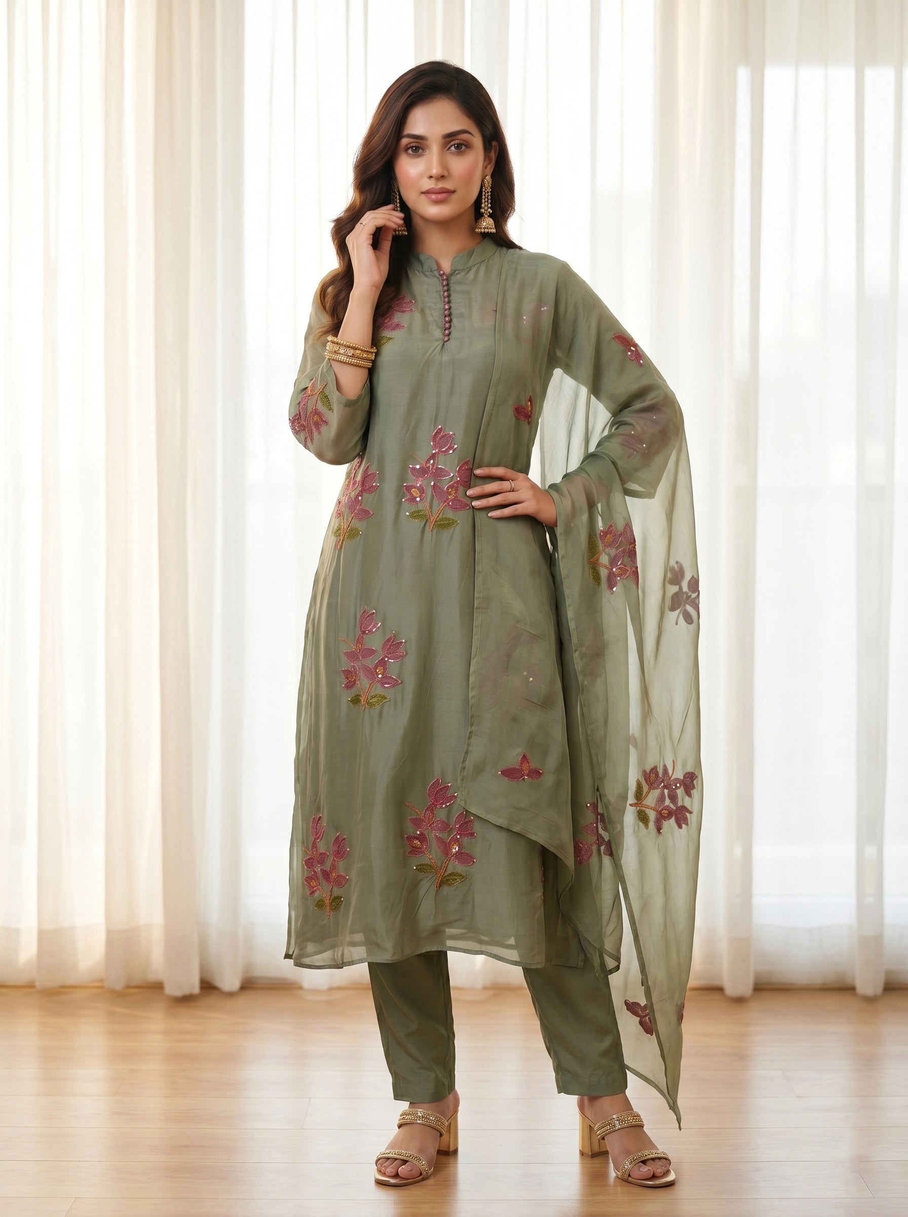 Woman wearing a green floral embroidered kurta set with a sheer dupatta and gold heels.