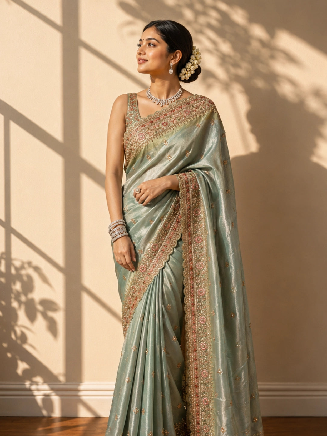 Woman in elegant pista green S3 saree with intricate gold and pink embroidery.
