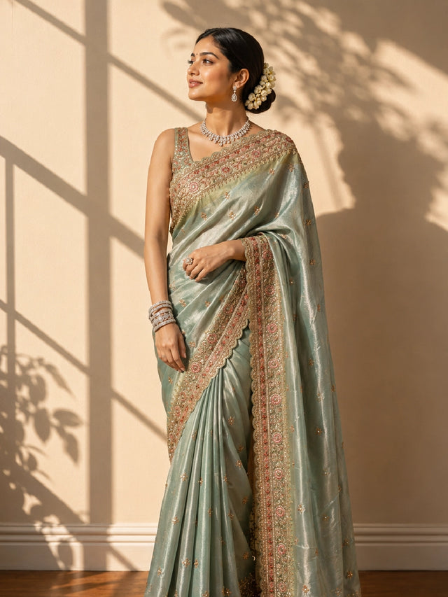 Woman in elegant pista green S3 saree with intricate gold and pink embroidery.