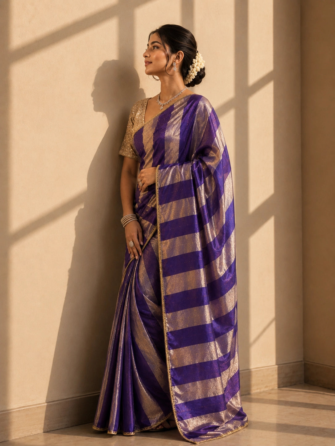 Woman in a luxurious purple and gold striped saree with an embellished golden blouse.