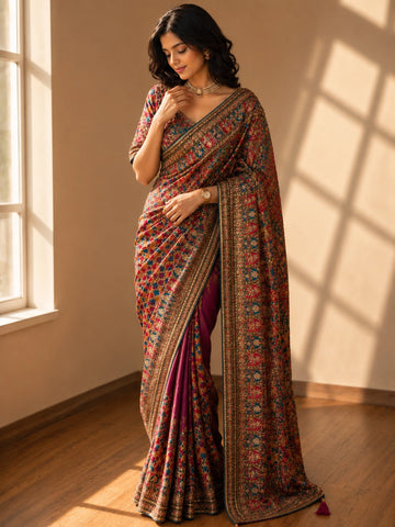 Woman in a luxurious purple S3 embroidered saree with intricate floral patterns.