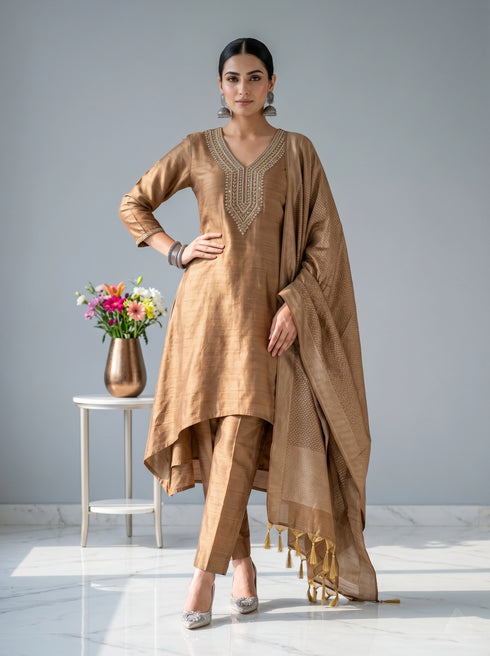 Woman in a golden embroidered kurta set with matching pants and a patterned dupatta, featuring a V-neckline and tassel details.