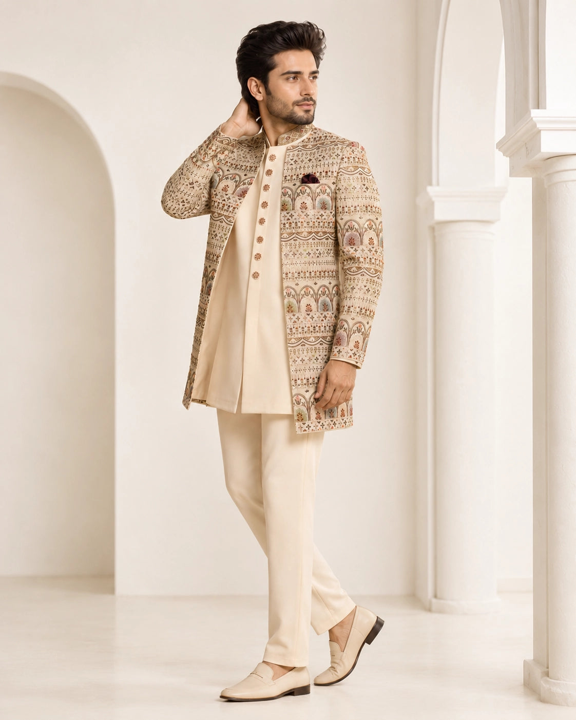 Man wearing an elegant beige Sherwani, showcasing intricate embroidery and a classic fit for formal events.