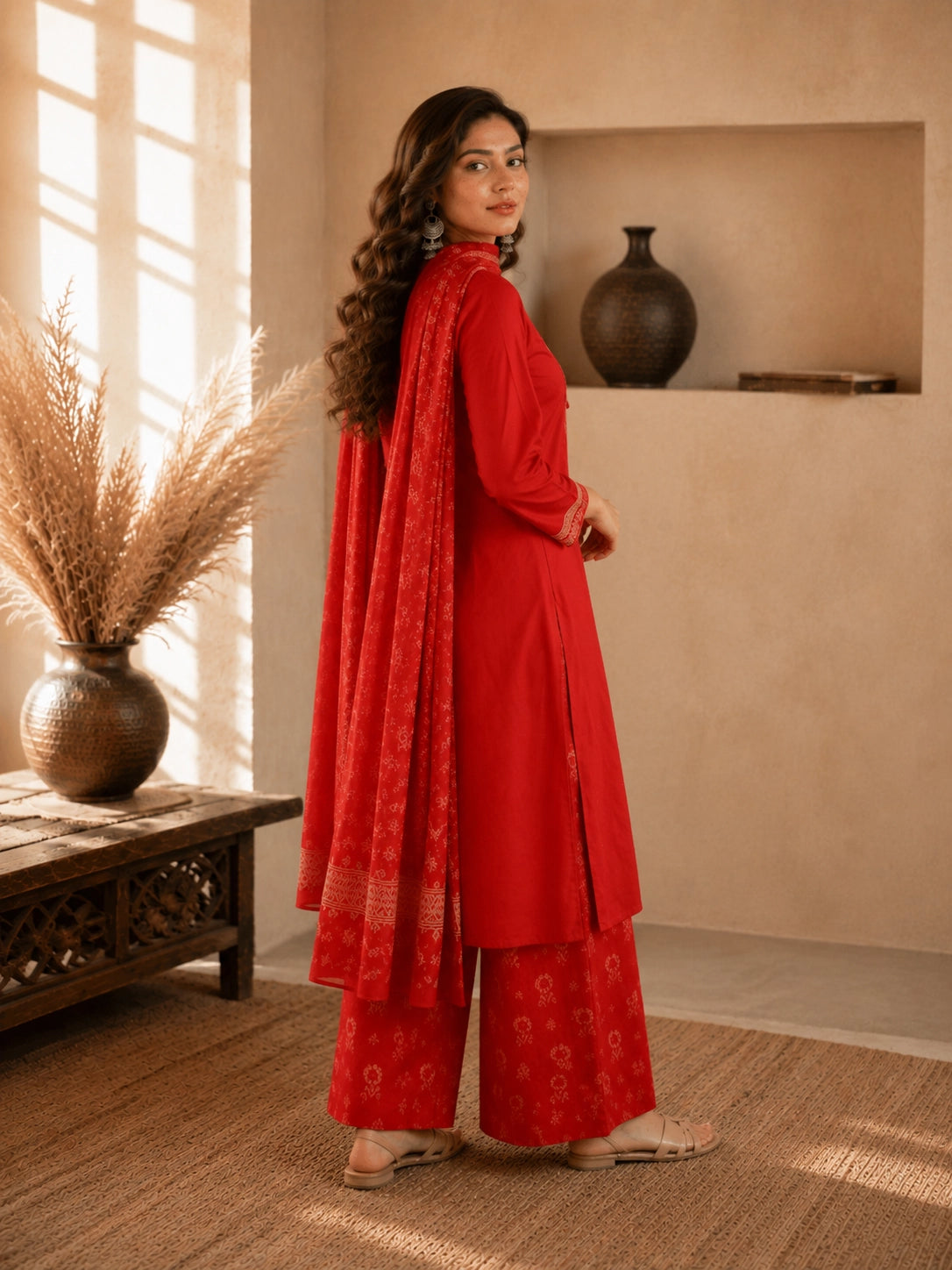 Woman wearing a rust-colored printed cotton kurti and pants set with intricate border details.