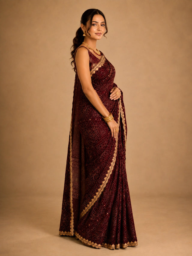 Woman in a maroon bandhani saree with intricate gold embroidery and border.
