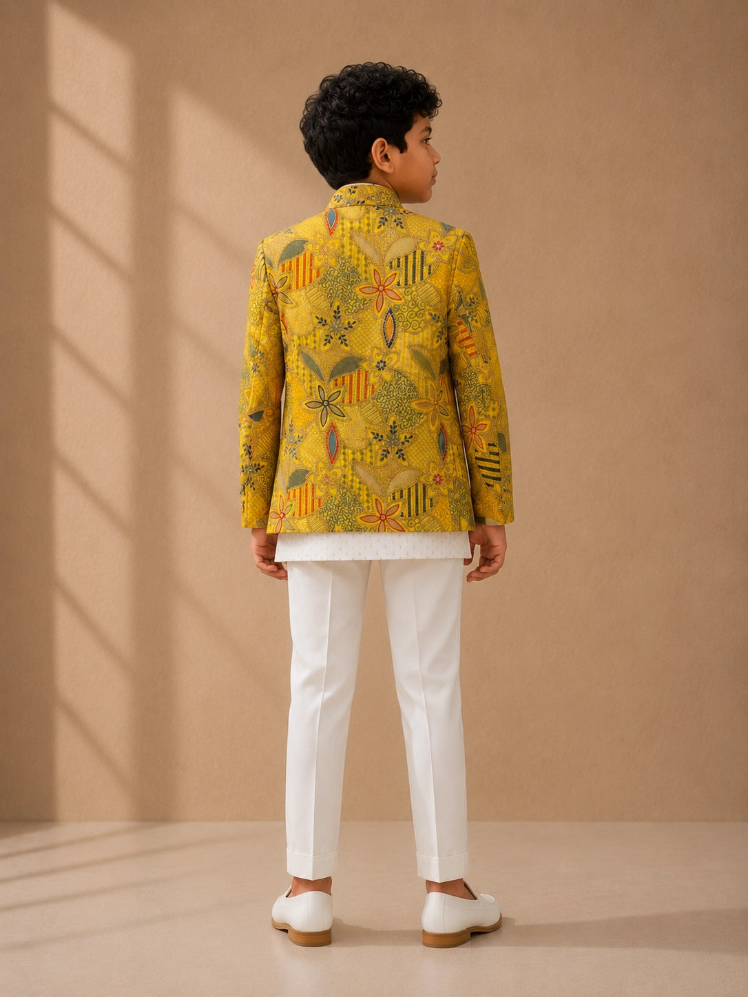 Young boy wearing a mustard patterned bandhgala jacket, off-white kurta, and white trousers.