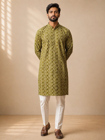 Man in a green patterned kurta with a band collar and white pajama.