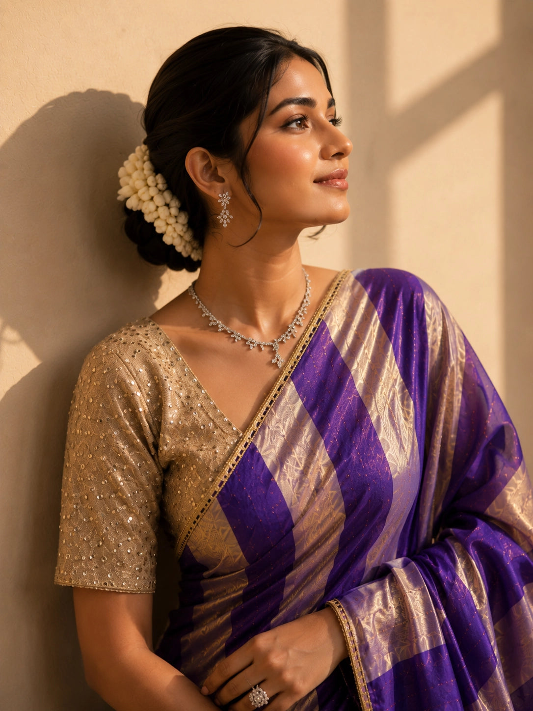 Woman in a luxurious purple and gold striped saree with an embellished golden blouse.