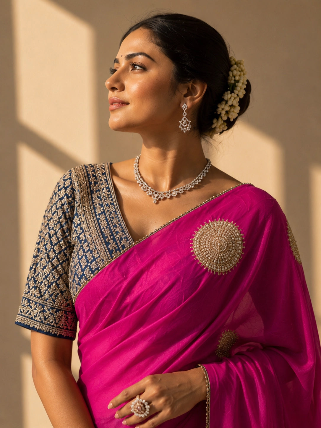 Close-up of a woman wearing a vibrant rani pink saree with gold embellished circular motifs.