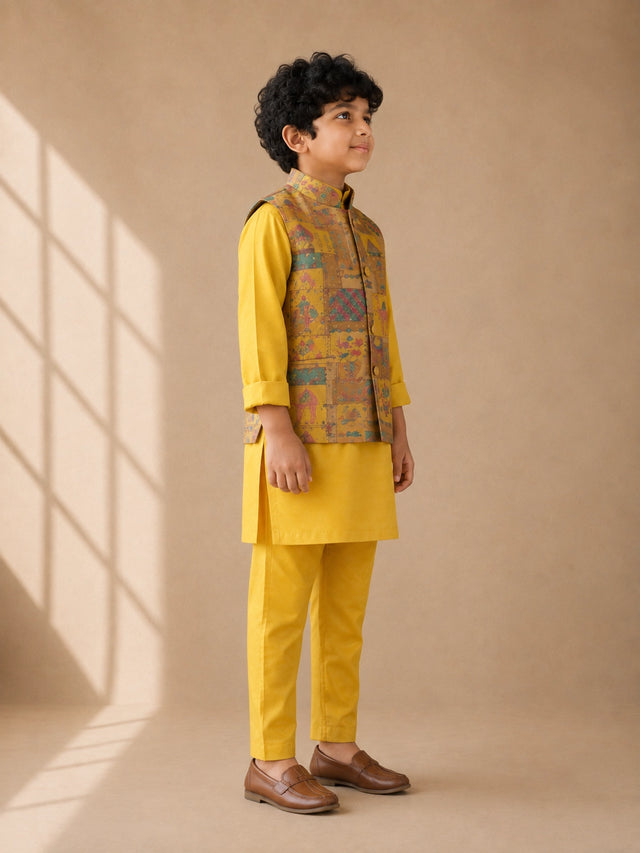 Young boy wearing a vibrant yellow kurta pajama and a colorful patterned Nehru jacket.