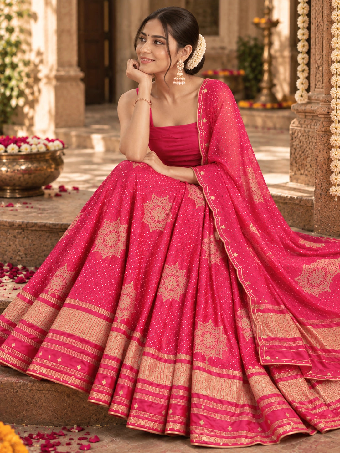 Woman wearing a vibrant RANI pink lehenga choli with gold patterns and a matching dupatta.