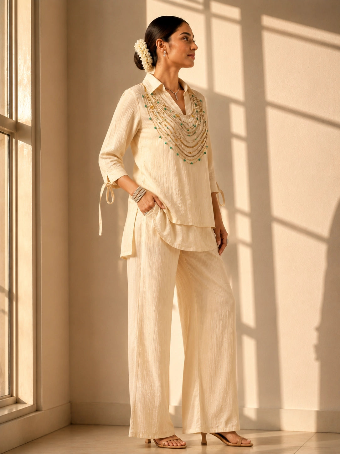 Woman wearing an elegant beige embroidered kurti with wide-leg palazzo pants.