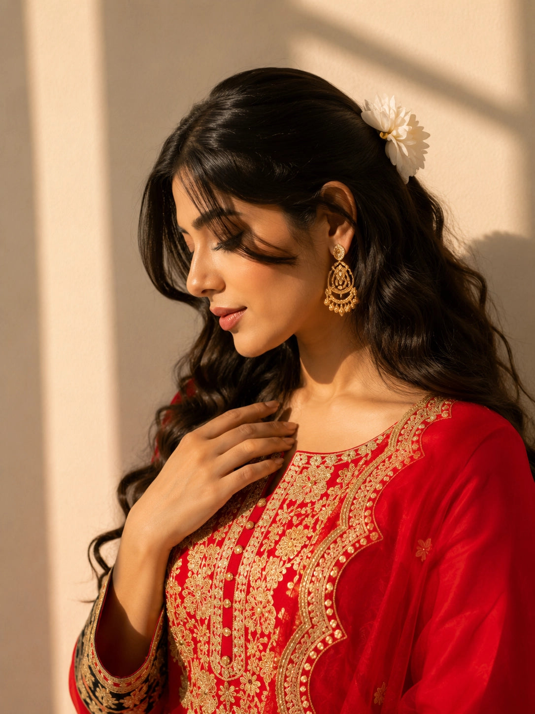 Woman wearing a vibrant red Anarkali suit with intricate gold embroidery and sheer dupatta.