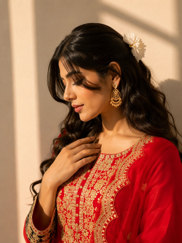 Woman wearing a vibrant red Anarkali suit with intricate gold embroidery and sheer dupatta.