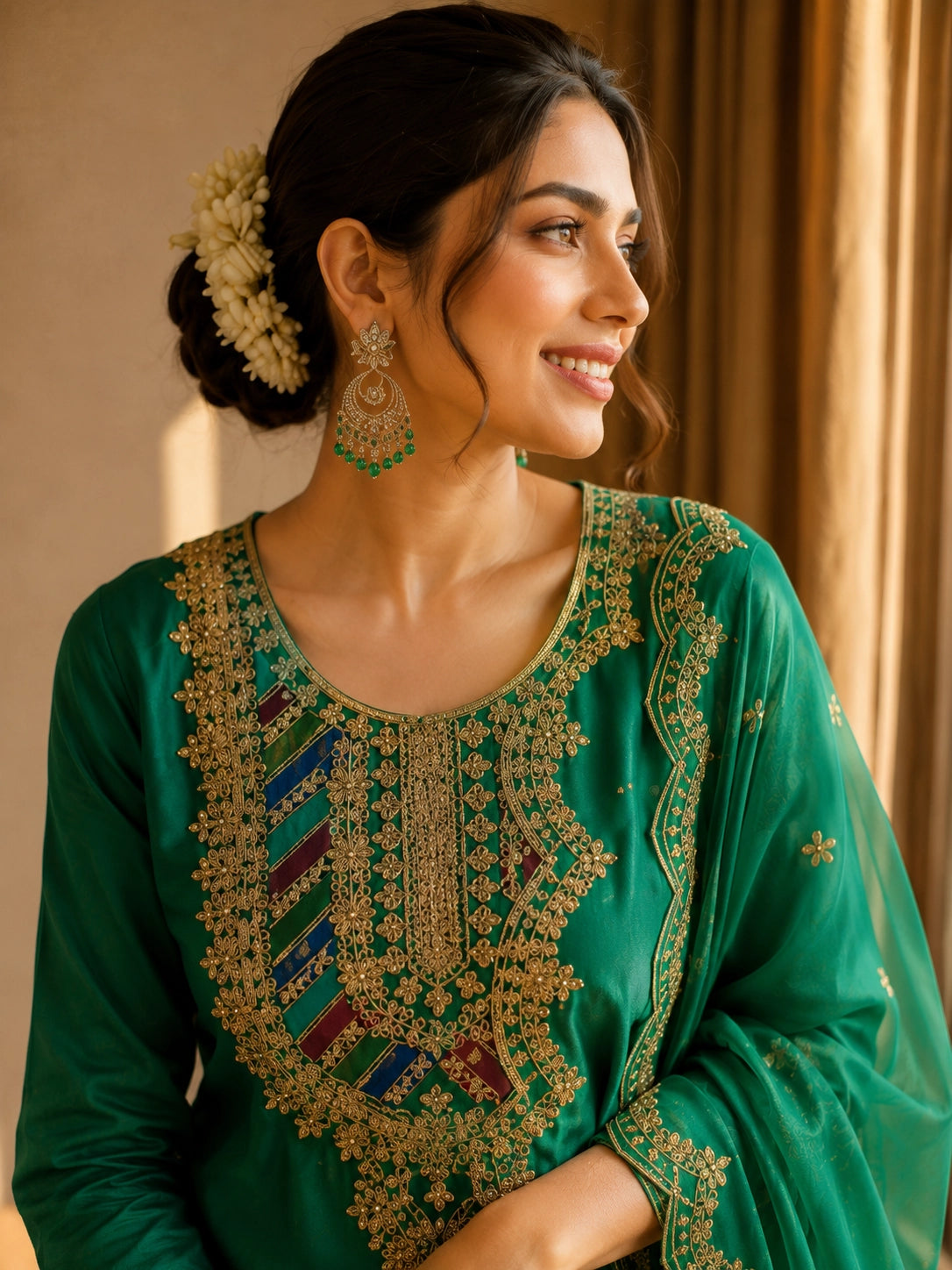 Woman in an emerald green ethnic suit with intricate gold embroidery and matching dupatta.