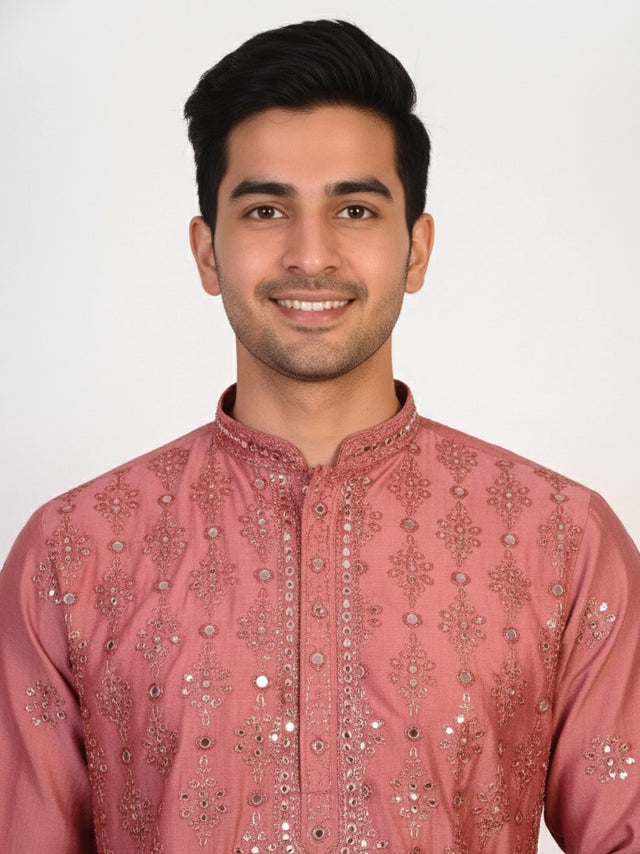 Man wearing a rose embroidered Kurta Pajama with white pants and brown jutti shoes.