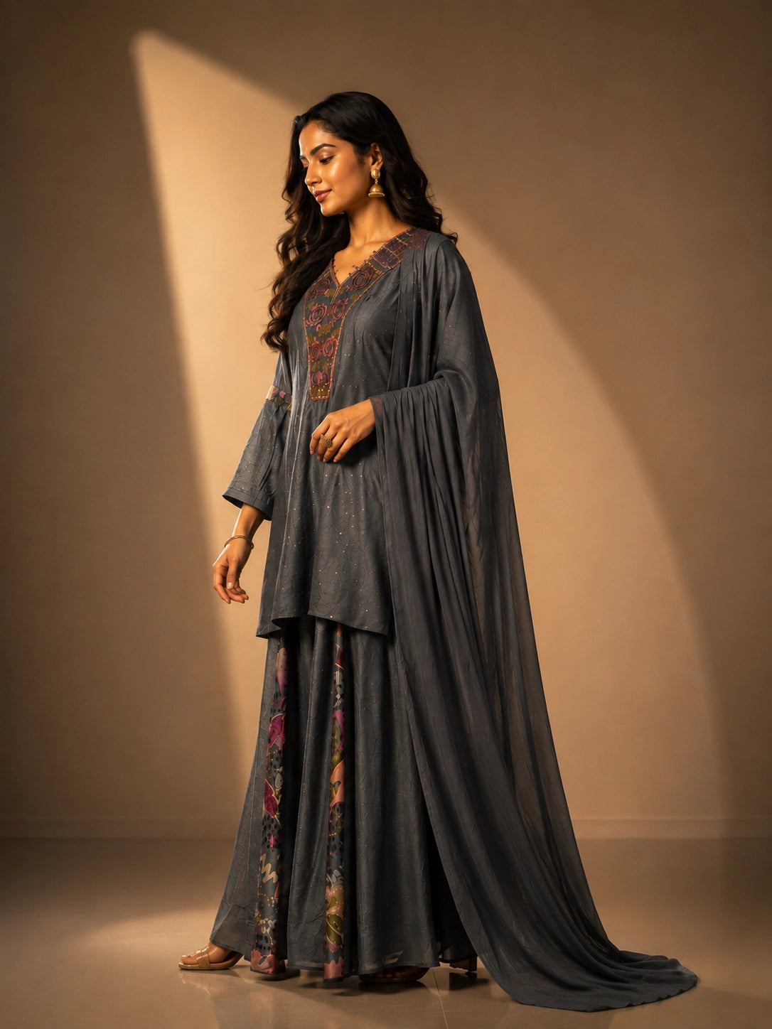 Woman wearing an elegant grey embroidered kurti set with sharara pants and dupatta.