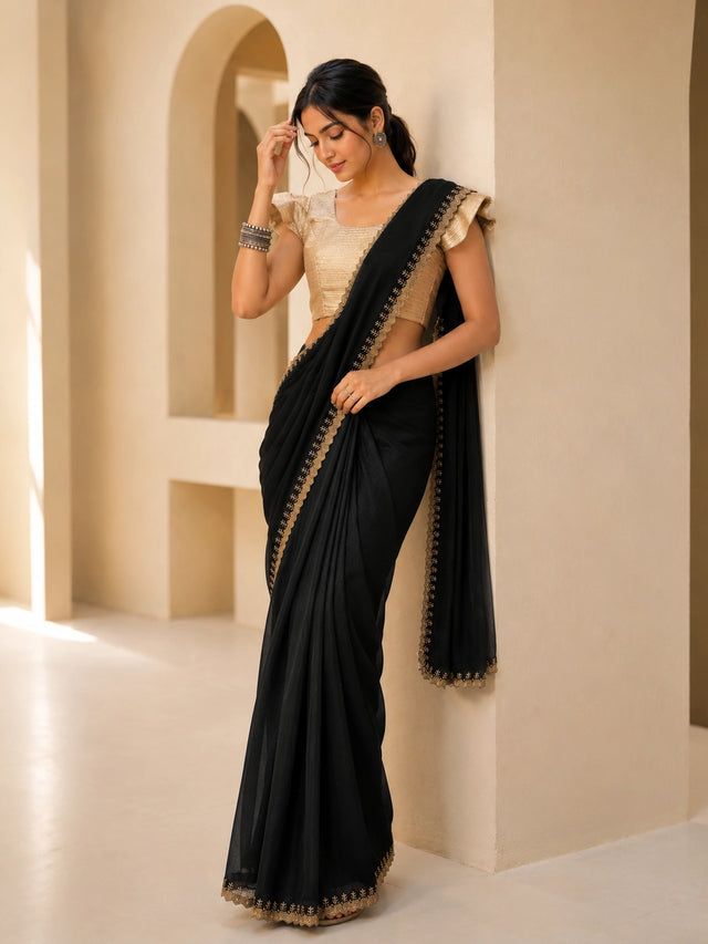 Woman in elegant black  saree with gold blouse and embroidered border.