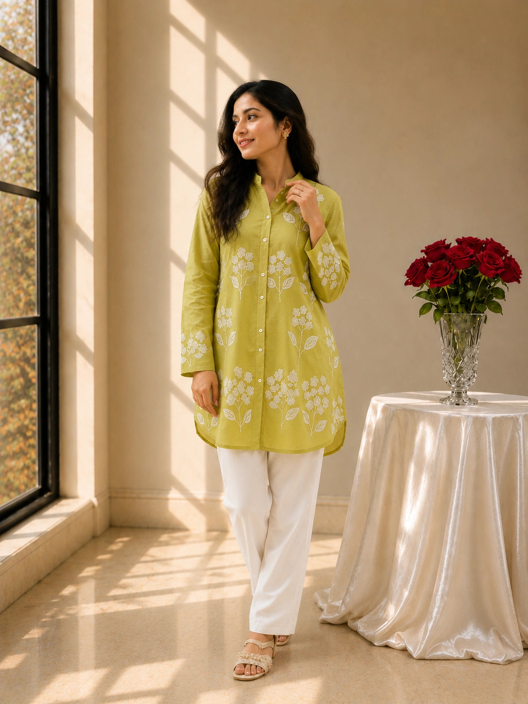 Woman in pista green embroidered tunic kurti and white trousers, smiling.
