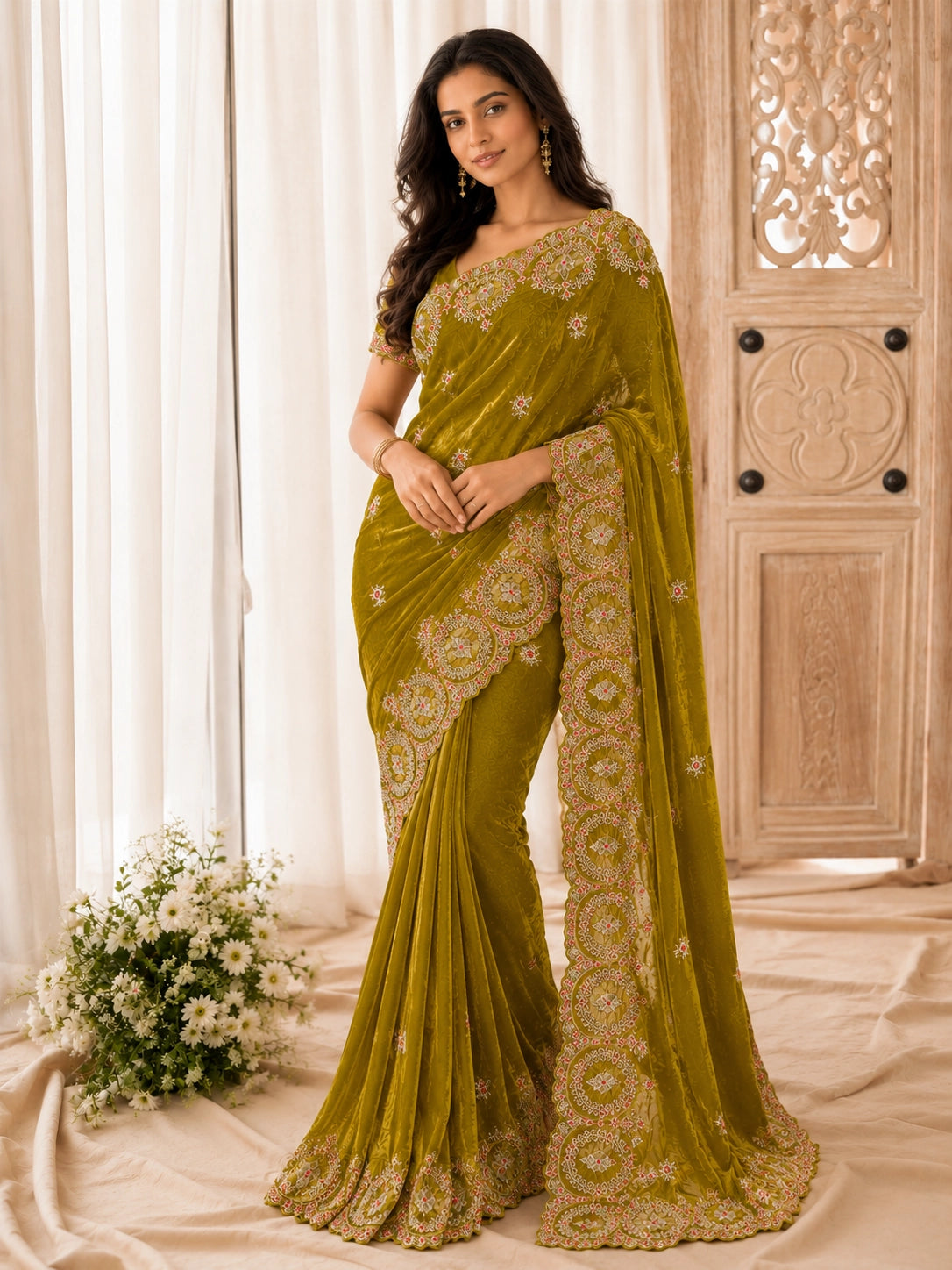 Woman wearing an elegant mustard velvet  saree with intricate embroidery.
