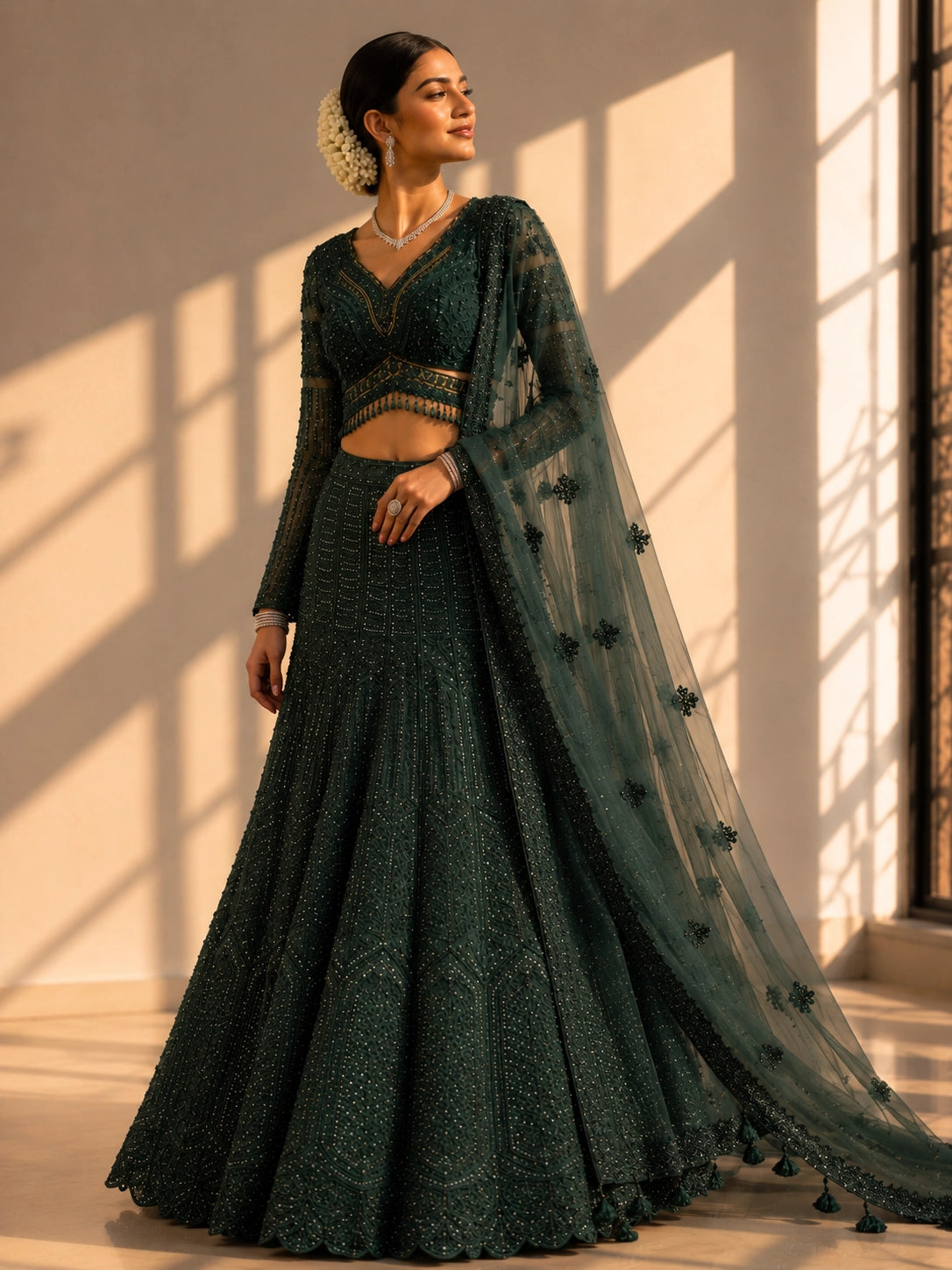 Woman in an exquisite dark green heavily embellished  INDO lehenga choli set.