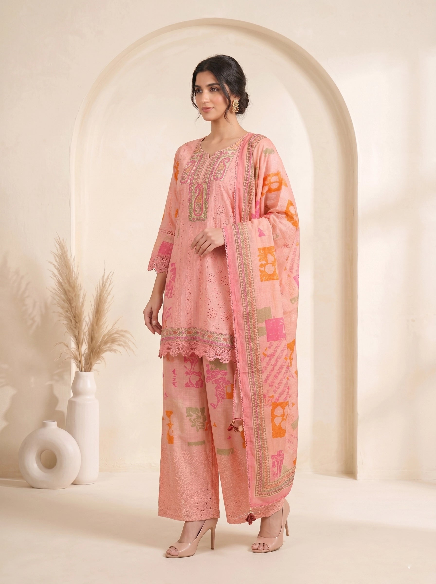 Woman wearing a pink printed cotton kurti set with palazzo pants and a dupatta, featuring eyelet details and block prints.