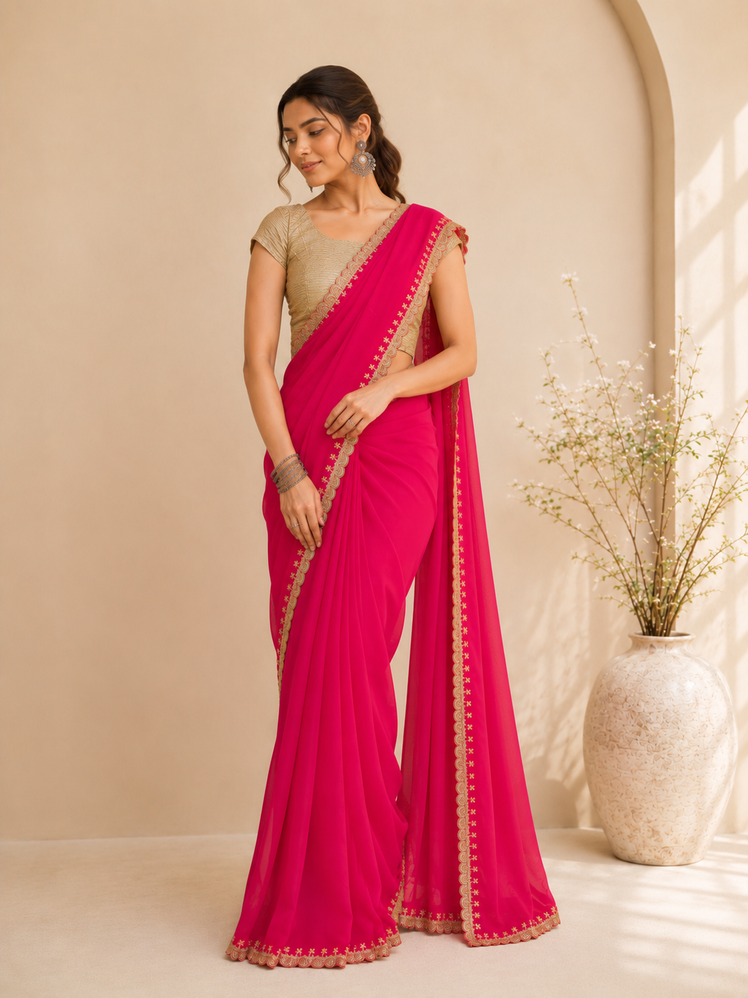 Woman wearing a vibrant rani pink saree with golden embroidered borders and a gold blouse.