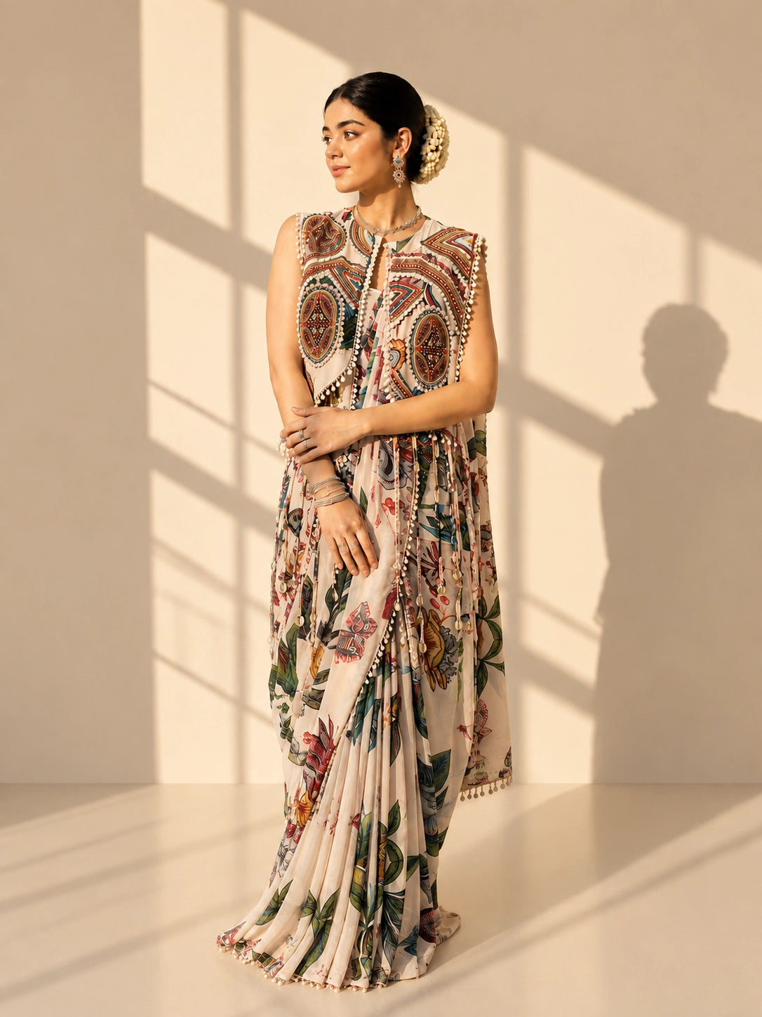 Woman in a cream floral draped saree with a sleeveless, embellished ethnic print jacket.