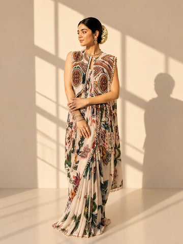 Woman in a cream floral draped saree with a sleeveless, embellished ethnic print jacket.