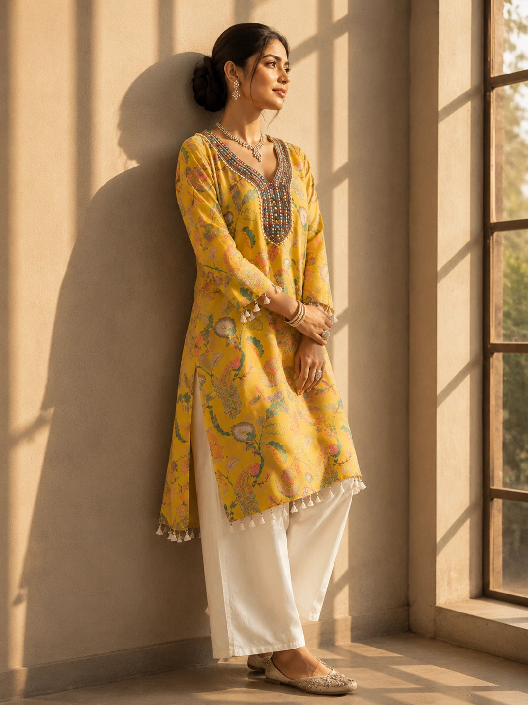 Woman wearing a vibrant yellow floral kurti with intricate embroidered V-neck and tassels.