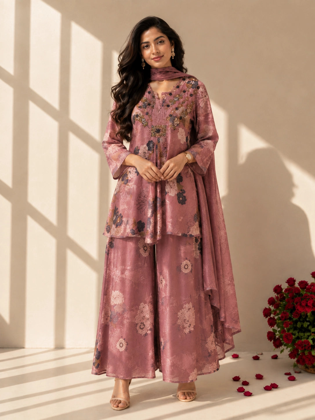 Woman in an elegant peach floral kurti set with palazzo pants and matching dupatta.
