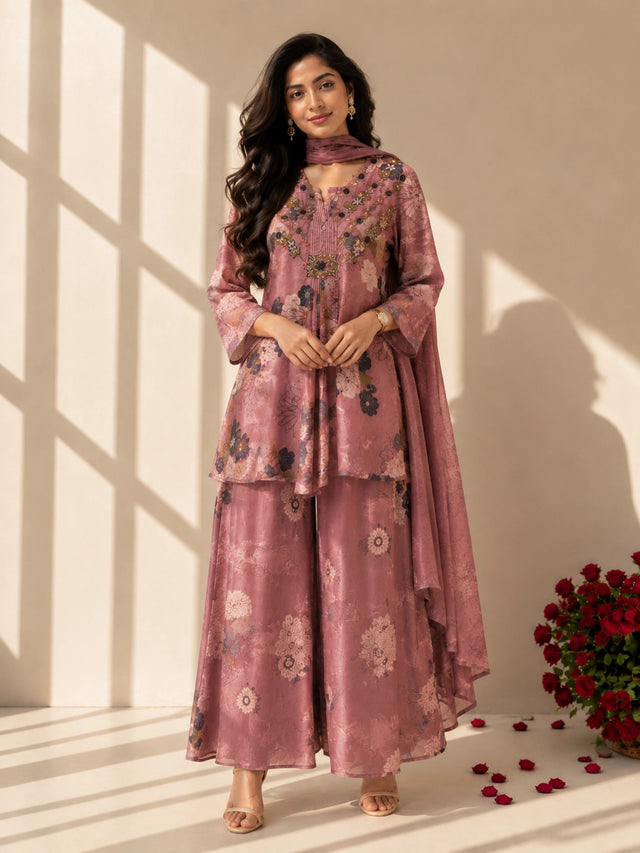 Woman in an elegant peach floral kurti set with palazzo pants and matching dupatta.
