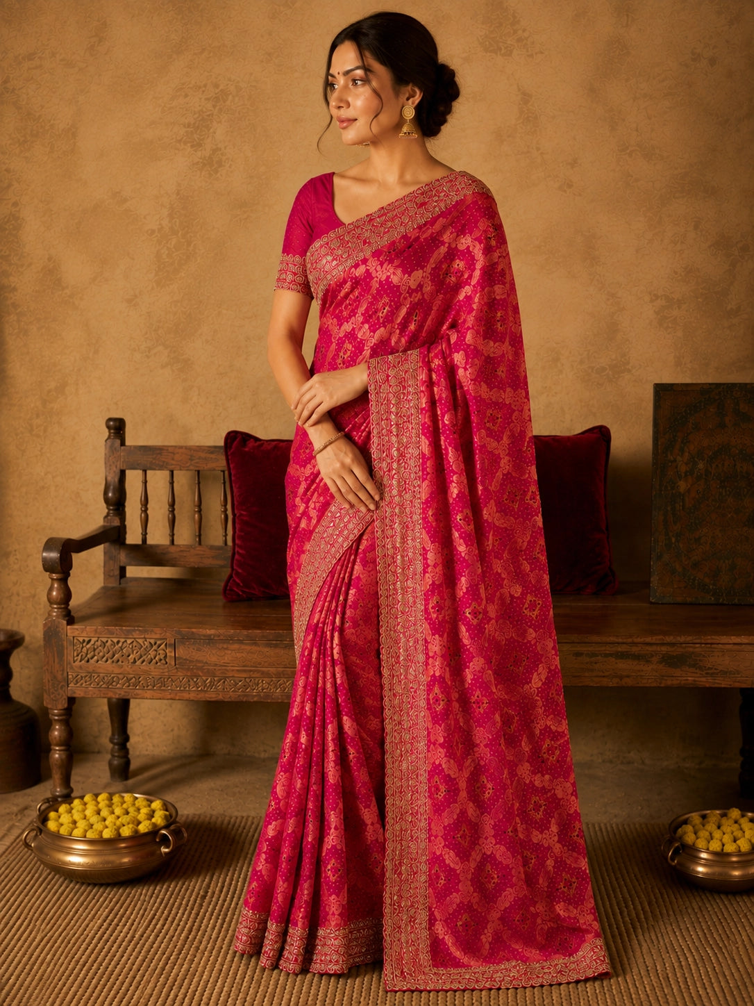 Elegant woman wearing a vibrant Rani Pink S3 saree with detailed gold zari work.